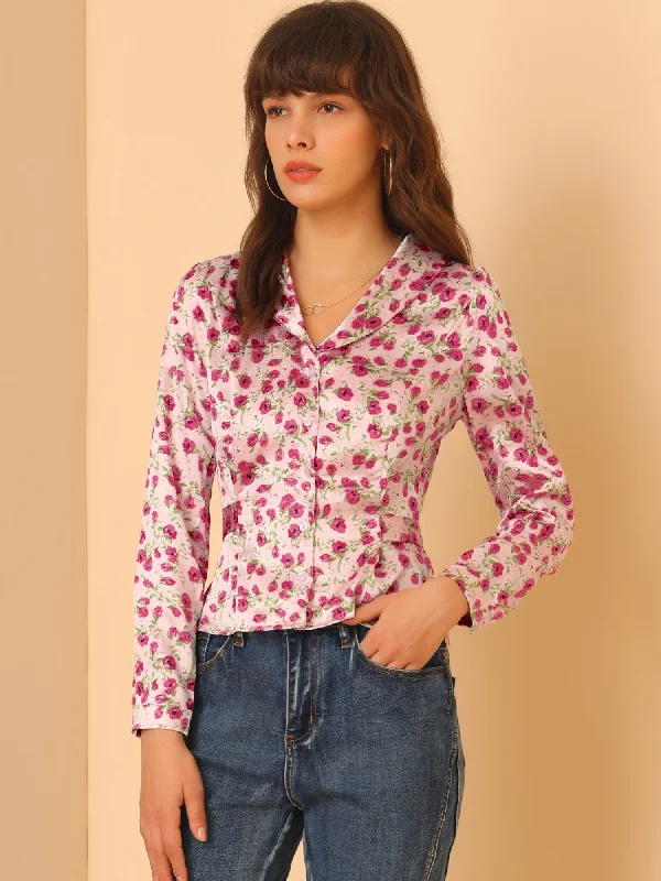 Floral V Neck Tie Back Long Sleeve Button-Up Valentine's Day Shirt