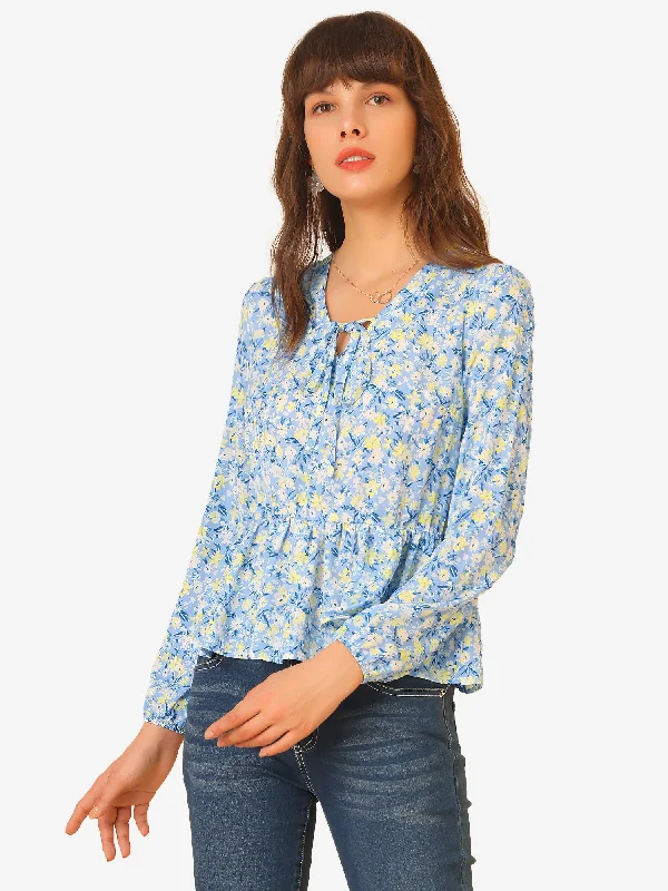 Floral V Neck Casual Blouse Ruffled Hem Self Tie Chiffon Peplum Top