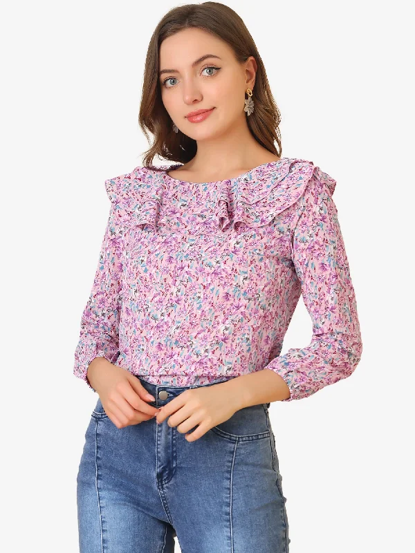 Ruffle Long Sleeve Round Neck Floral Blouse