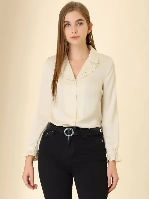 Long Sleeve Satin Casual Work Top Button Down V Neck Blouse