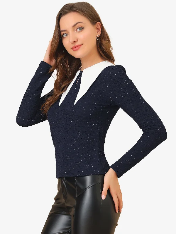 Party Tops Point Collar Keyhole Front Elegant Glitter Blouse