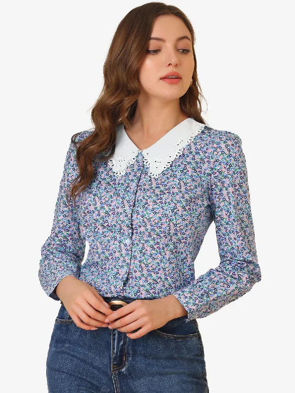 Casual Floral Lace Trim Collared Button Down Long Sleeve Blouse