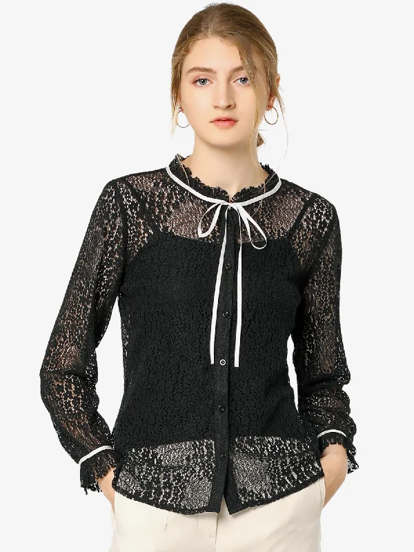 Lace Floral Semi Sheer Long Sleeve Button Down Business Blouse