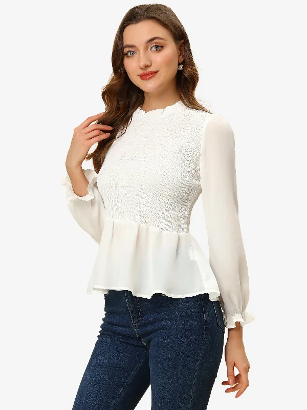 Mock Neck Blouse Elegant Long Sleeve Ruffle Smocked Peplum Top