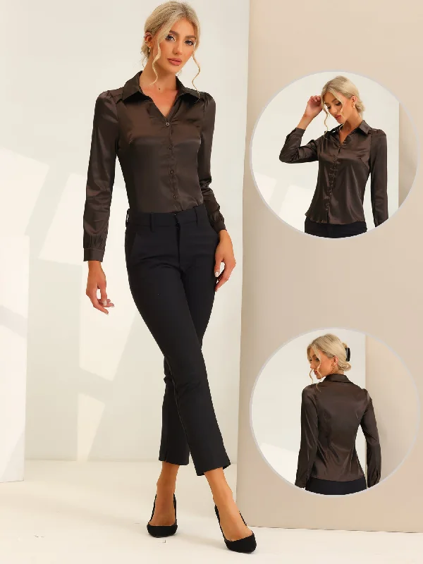 Button Down Long Sleeve Satin Work Office Collared Blouse