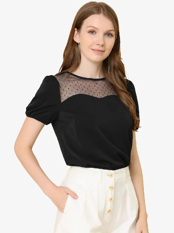 Mesh Panel Tops Puff Sleeve Crew Neck Work Summer Chiffon Blouse