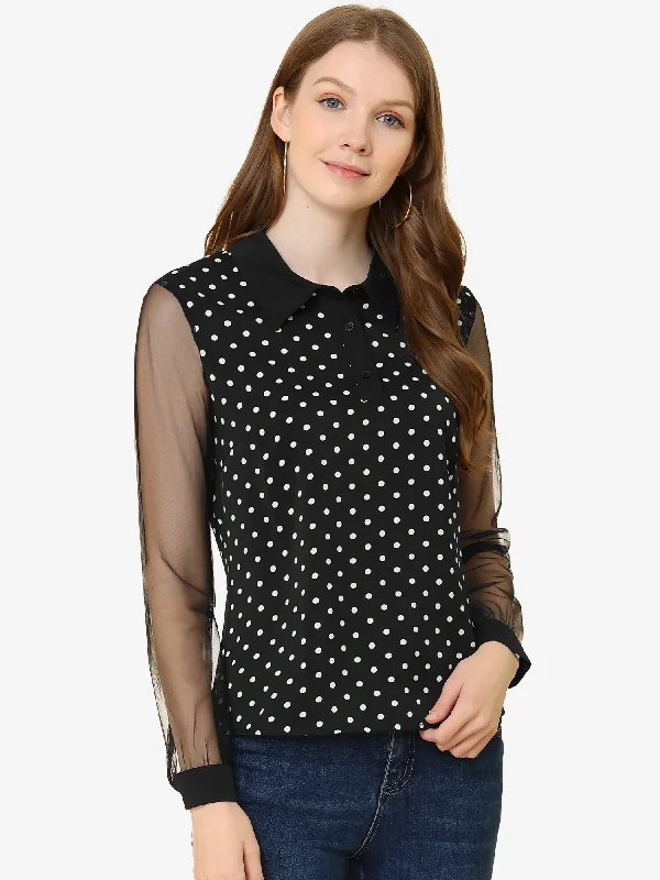 Polka Dots Blouse Half Placket Sheer Mesh Long Sleeve Top