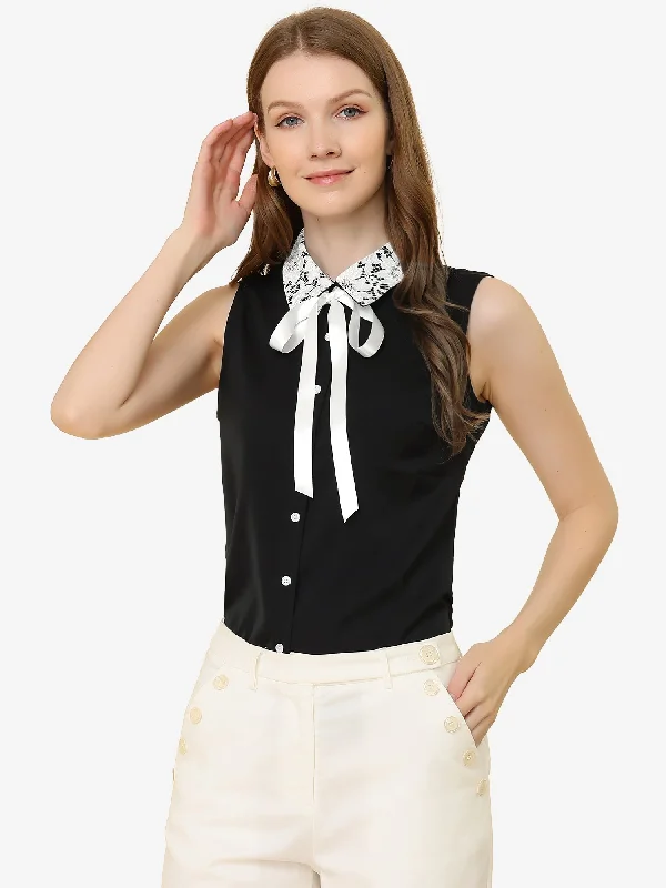 Sleeveless Bow Tie Contrast Lace Collar Chiffon Button Down Blouse