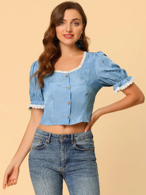 Puff Sleeve Blouse Lace Square Neck Button Down Crop Tops