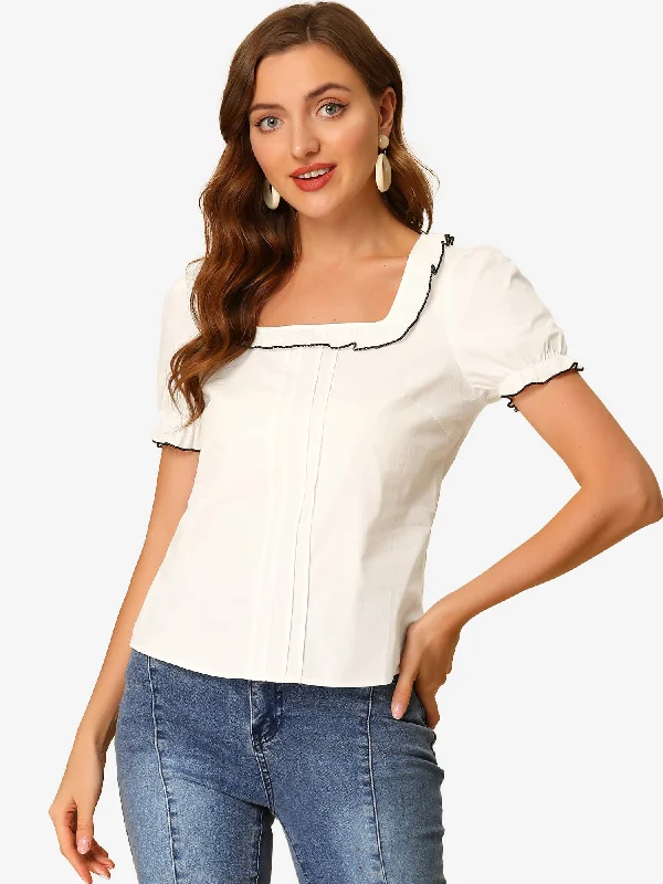 Puff Sleeve Ruffle Tops Summer Elegant Square Neck Work Blouse