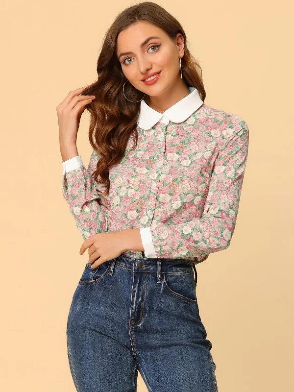 Floral Shirt Long Sleeve Contrast Peter Pan Collar Blouse