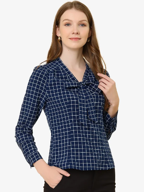 Elegant Bow Tie Neck Puff Long Sleeve Plaid Top Work Shirt Blouse