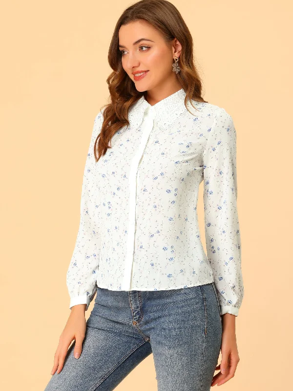 Floral Blouse Doll Collar Lace Contrast Long Sleeve Button Down Shirt