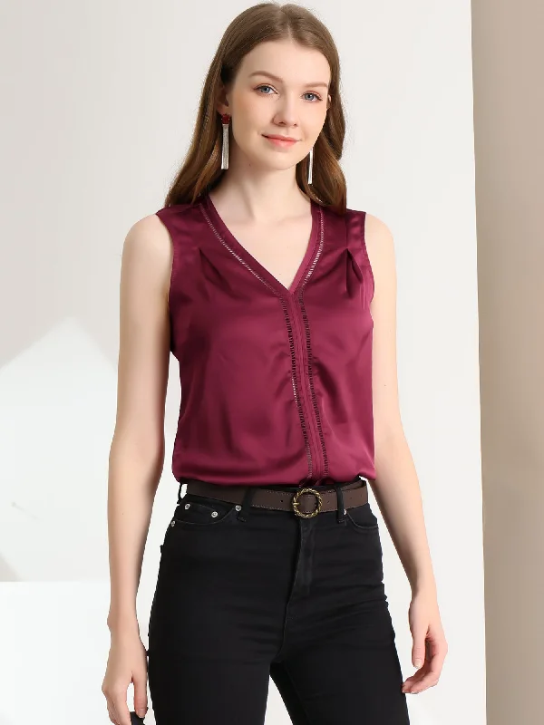 Elegant Tank Top V Neck Satin Work Office Sleeveless Blouse