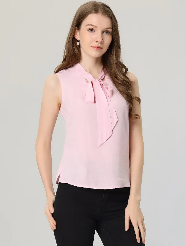 Tie Collar Elegant Solid Tops Sleeveless Work Blouse