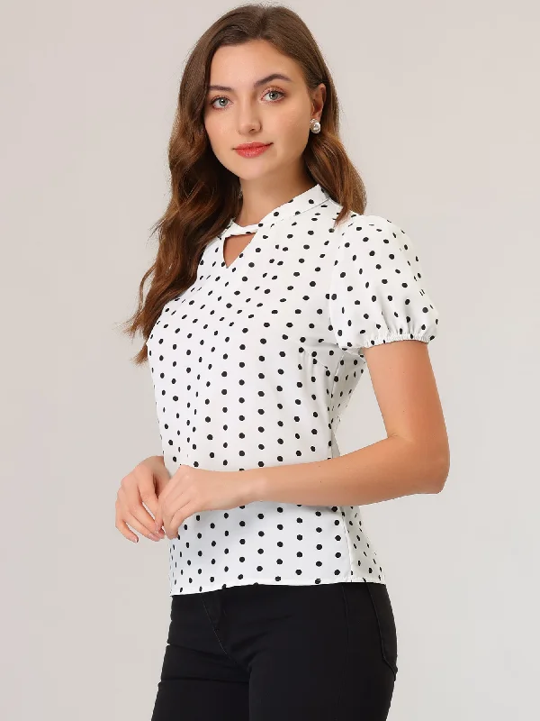 Vintage Polka Dots Puff Sleeve Twist Neck Keyhole Blouse Tops