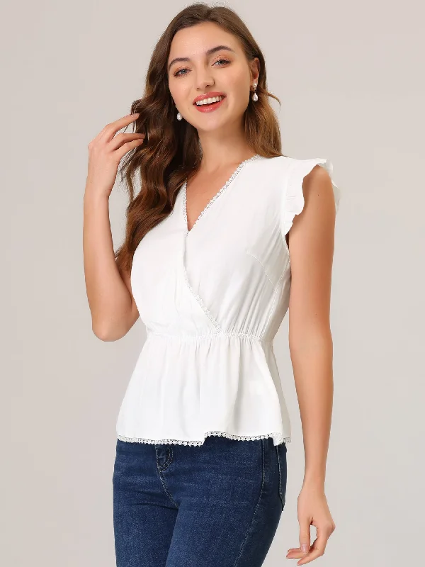 Ruffle Flutter Sleeve Lace Trim V Neck Peplum Blouse Top