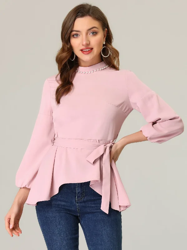 Mock Neck Asymmetrical Ruffle Hem Belted Peplum Chiffon Blouse