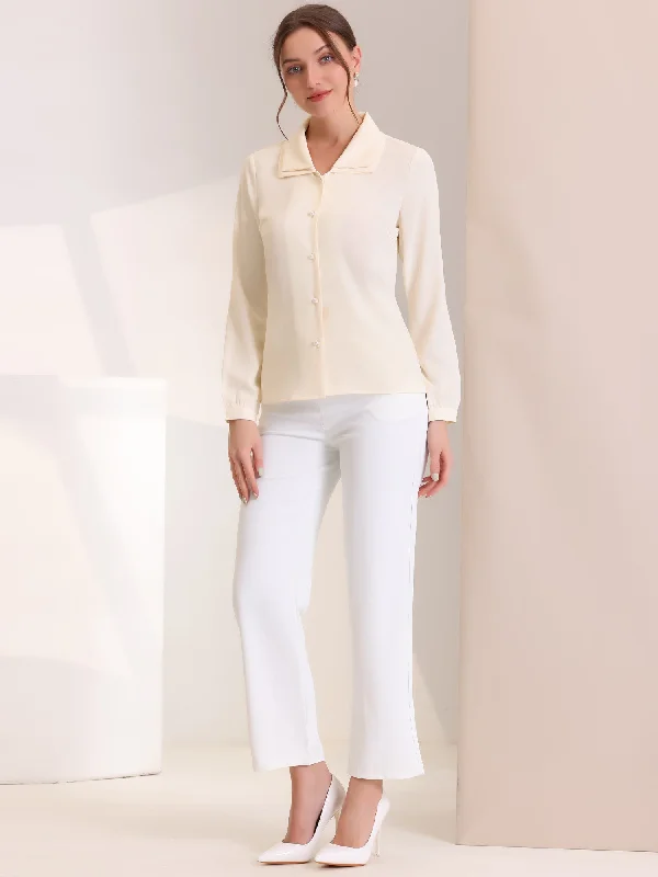 Elegant Blouse Office Double Collar Beaded Pearl Button-Up Shirt