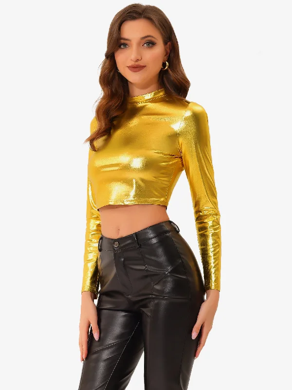 Metallic Long Sleeve Shiny Disco Party Slim Fitted Crop Blouse