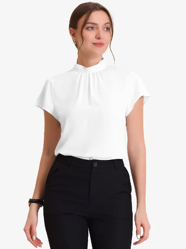 Mock Neck Work Top Cap Sleeve Pleated Front Basic Solid Blouse