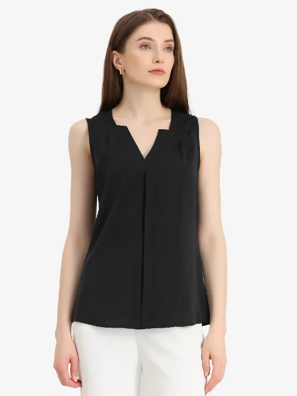 Sleeveless Work Top Pleated Chiffon V Neck Blouse