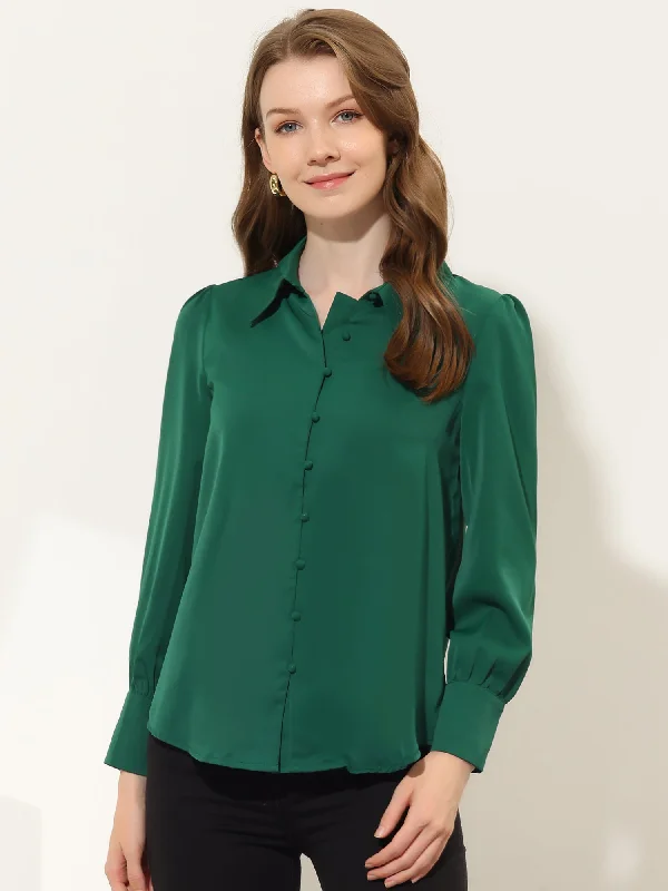 Work Office Blouse Point Collar Long Sleeve Solid Button Down Shirt