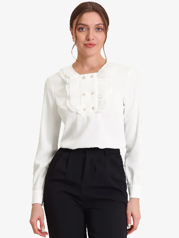 Ruffle Crew Neck Long Sleeve Elegant Work Office Blouse