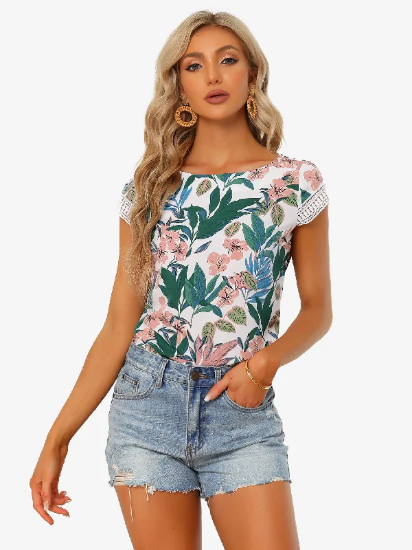 Leaf Tropical Blouse Boho Crochet Cap Sleeve Summer Casual Tops