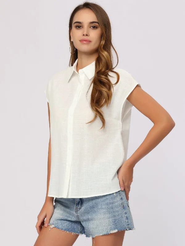 Casual Linen Button Down Cap Sleeve Cotton Collar Blouse