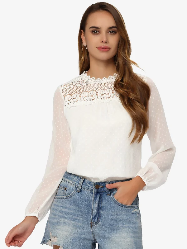 Lace Crochet Tops Crew Neck Casual Swiss Dots Chiffon Blouse