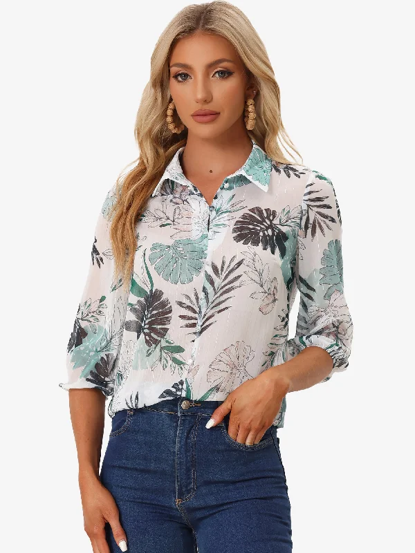 Sheer Point Collared 3/4 Sleeve Lightweight Leaves Print Blouse