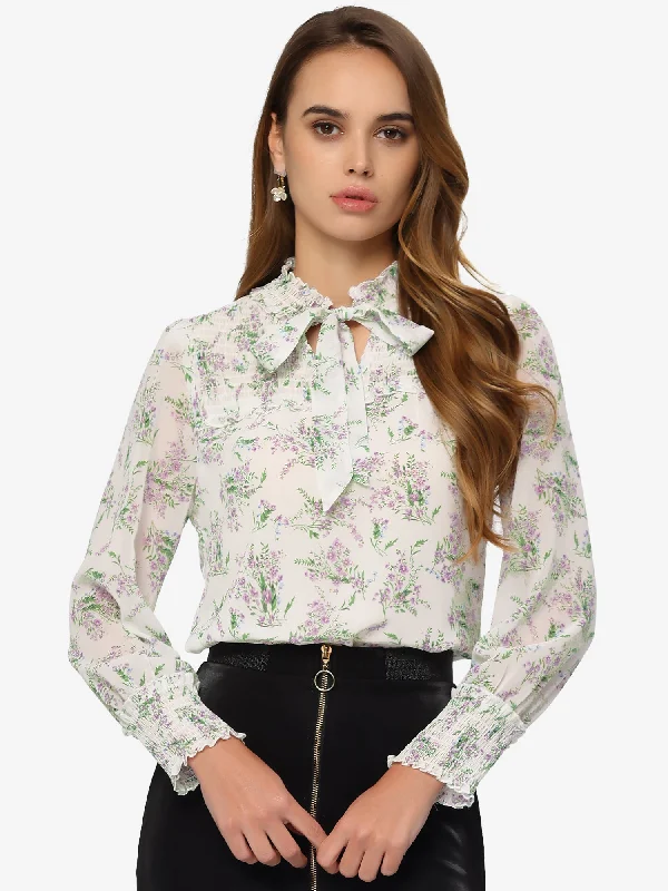 Floral Blouse Shirred Long Sleeve Spring Tie Frill Neck Tops