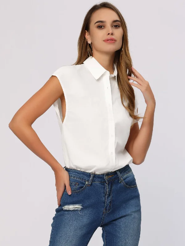 Cotton Business Casual Shirt Button Down Cap Sleeve Blouse Tops