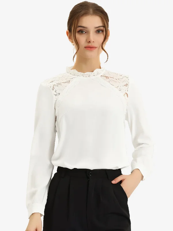 Elegant Long Sleeve Lace Panel Stand Collar Blouse