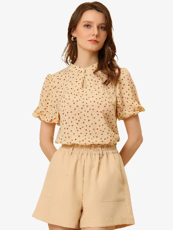 Peasant Floral Dotted Stand Collar Puff Sleeve Keyhole Blouse