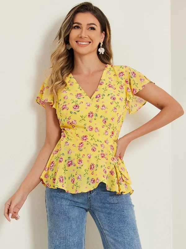 Wrap Floral Printed V Neck Slit Sleeve Tie Waist Peplum Blouse