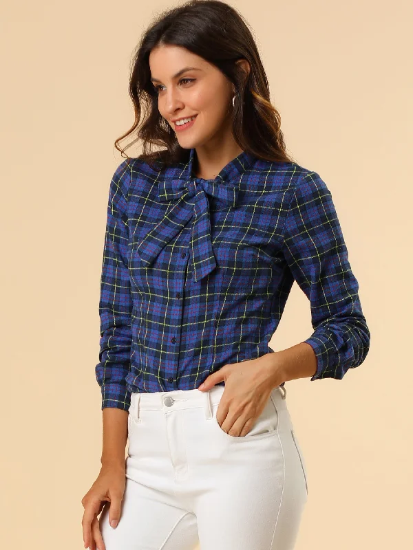 Plaid Tie Neck Button Down Long Sleeve Shirt Blouse