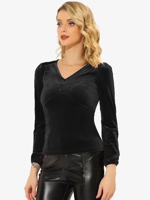 V Neck Solid Basic Elegant Long Sleeve Velvet Top