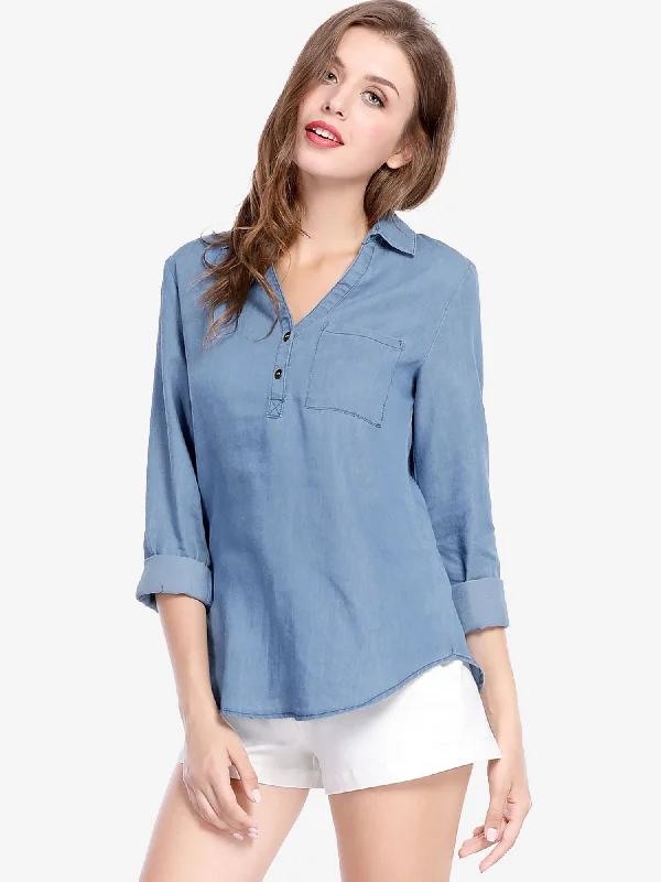 V Neck Turn Down Collar Shirt Top Half Placket Chest Pocket Blouse