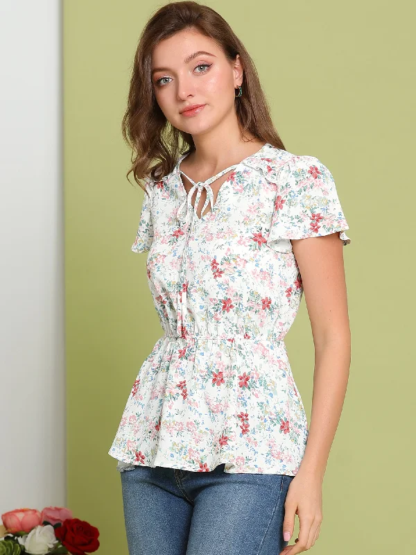 Summer Floral Print Flutter Sleeve Tie V Neck Peplum Blouse