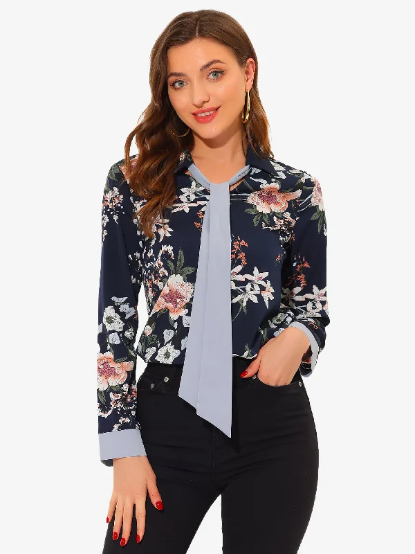 Elegant Office V Neck Bow Tie Long Sleeve Contrast Floral Blouse