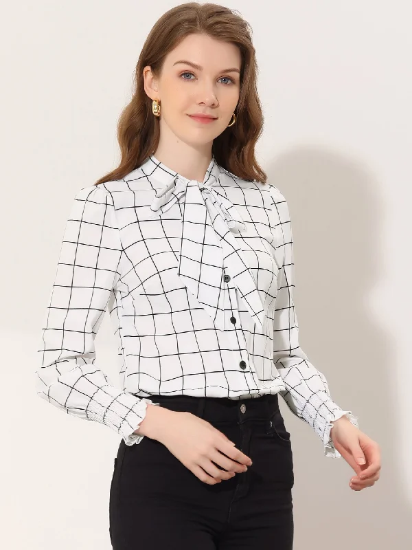 Button Smocked Cuff Grid Graph Check Long Sleeve Bow Tie Neck Blouse