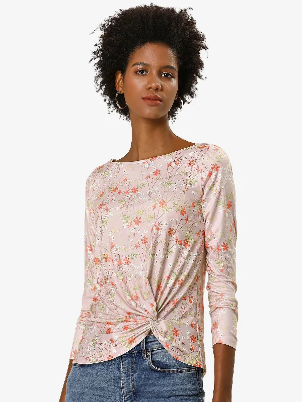 Twist Front Asymmetrical Hem Boat Neck Long Sleeve Floral Blouse Top