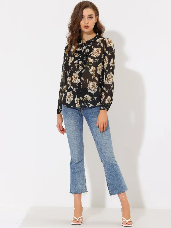 Floral Long Sleeve Lightweight Retro Ruffled Button Chiffon Shirt