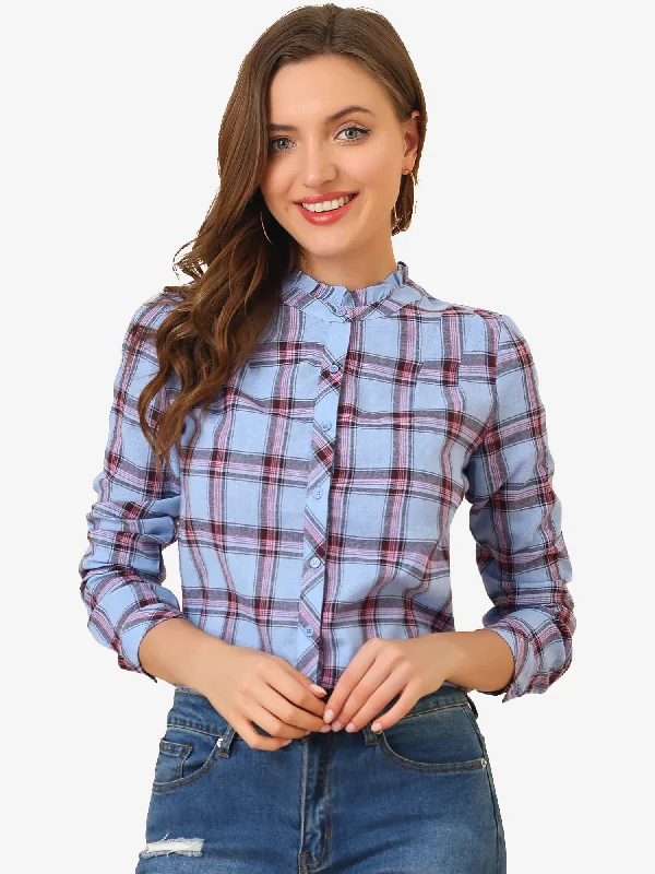 Fall Winter Ruffle Neck Long Sleeve Button Down Plaid Shirt Blouse