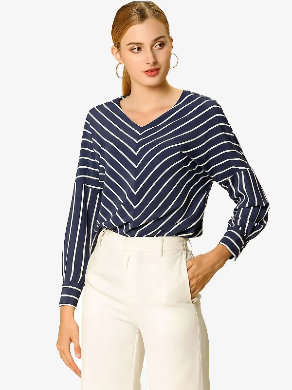 Striped Blouse V Neck Long Sleeve Chiffon Loose Work Office Shirt Top