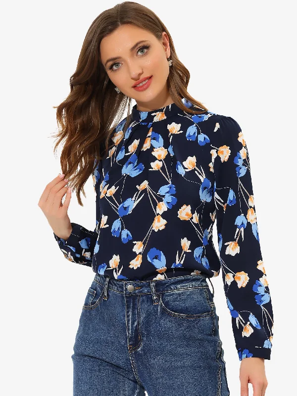 Blouse Business Casual Long Sleeve Mock Neck Floral Top