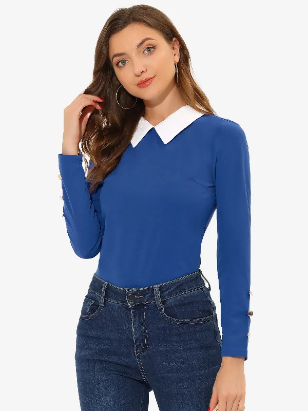 Peter Pan Collar Knit Contrast Neck Long Sleeve Party Blouse