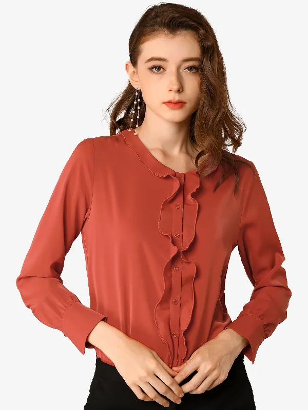 Allegra K Casual Tops Long Sleeve Blouse Ruffle Button Down Shirt